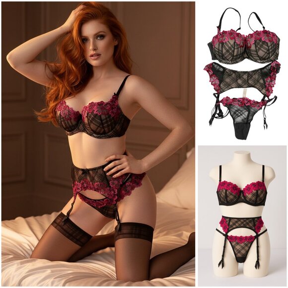 Vintage 2000 Y2K Magenta Noir Sheer Floral Garter Set 34C - Picture 1 of 13